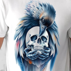 Raven and Skull T-Shirt | Gothic Bird Tattoo Shirt | Edgy Skull Shirt for Men |  Raven Skull Shirt