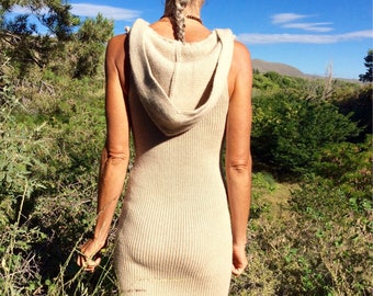 knitted, hooded tank dress, natural alpaca or organic merino wool