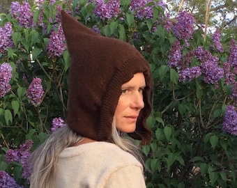 Forest hat-Short, pointy, knit, alpaca or organic merino wool, tie on hat