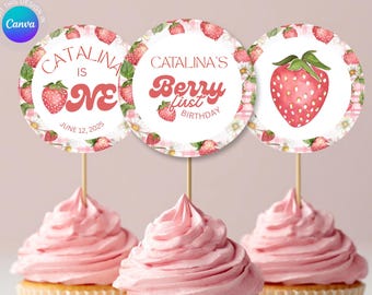 Strawberry First Birthday Cupcake Toppers Girl, Editable Berry Sweet Party Decor, Printable Round Tags Canva Template Summer Fruit 0005W