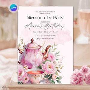 Faire-part pour le thé, Faire-part d&#39;anniversaire pour le thé de l&#39;après-midi, Faire-part d&#39;anniversaire floral rose poudré à imprimer, Faire-part d&#39;anniversaire pour le thé dans le jardin, Toile