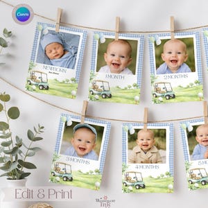 May include: A baby milestone photo garland with cards marking newborn to 5 months. Each card displays a baby photo and a month. The cards have a golf theme, featuring a golf cart illustration and a blue gingham border.