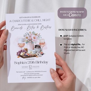Pu&ograve; includere: Modello di invito digitale per una serata charcuterie e relax, per festeggiare il 29&deg; compleanno di Sophia. Il design presenta illustrazioni ad acquerello di cibo, calici e fiori. Include un modello Canva di 12,7 x 17,8 cm.