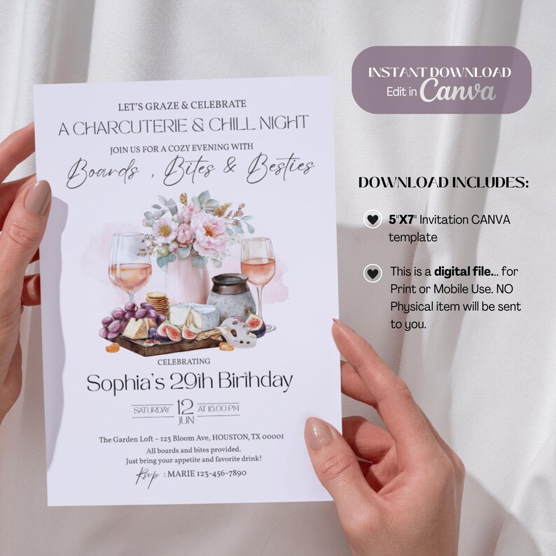 Pu&ograve; includere: Modello di invito digitale per una serata charcuterie e relax, per festeggiare il 29&deg; compleanno di Sophia. Il design presenta illustrazioni ad acquerello di cibo, calici e fiori. Include un modello Canva di 12,7 x 17,8 cm.