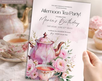 Tee-Party Einladung, Nachmittagstee Geburtstagseinladung, Blush Pink Blumen Tee Einladung zum Ausdrucken, Garten-Tee-Party Geburtstag einladen, Canva