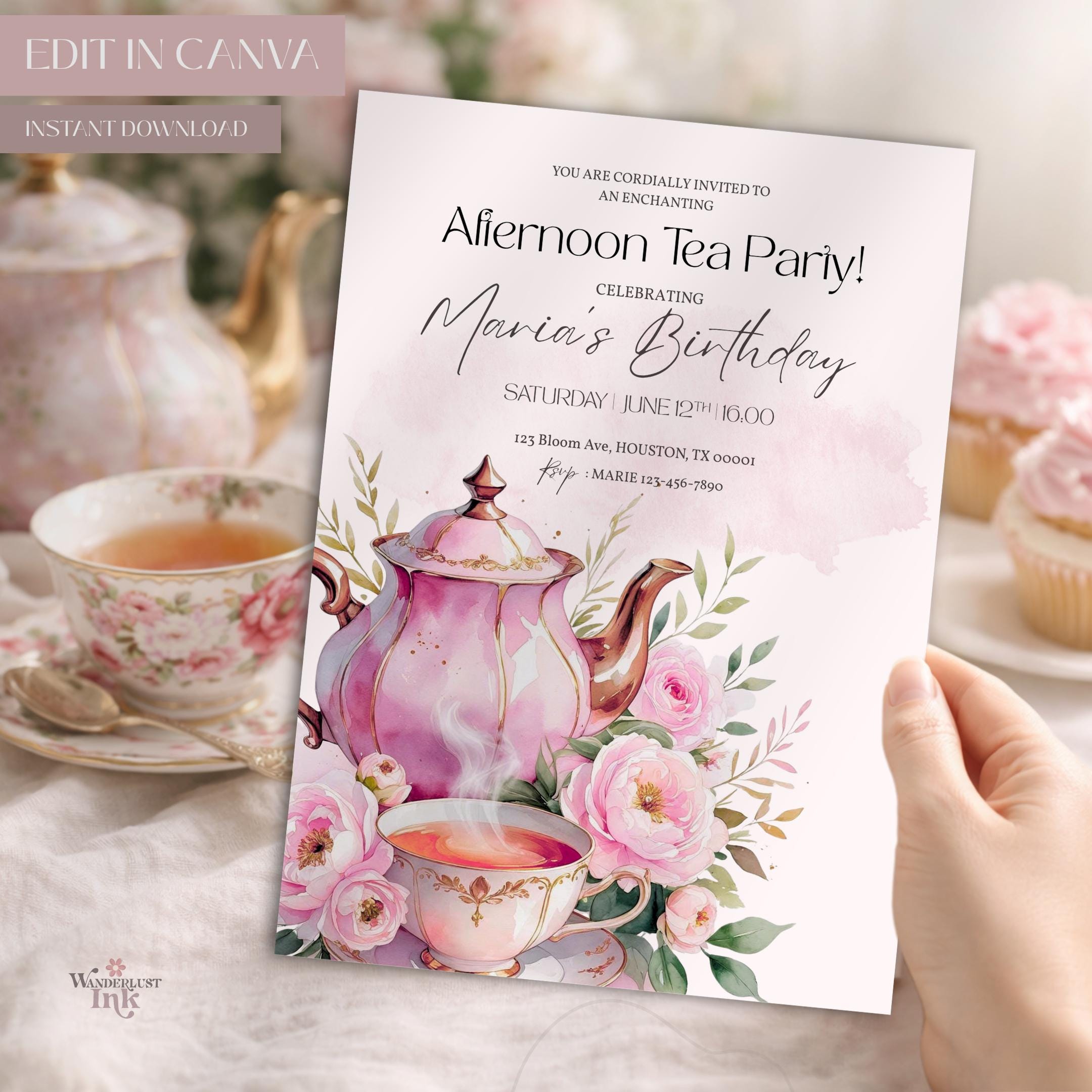Tea Party Invitation, Afternoon Tea Birthday Invitation, Blush Pink ...