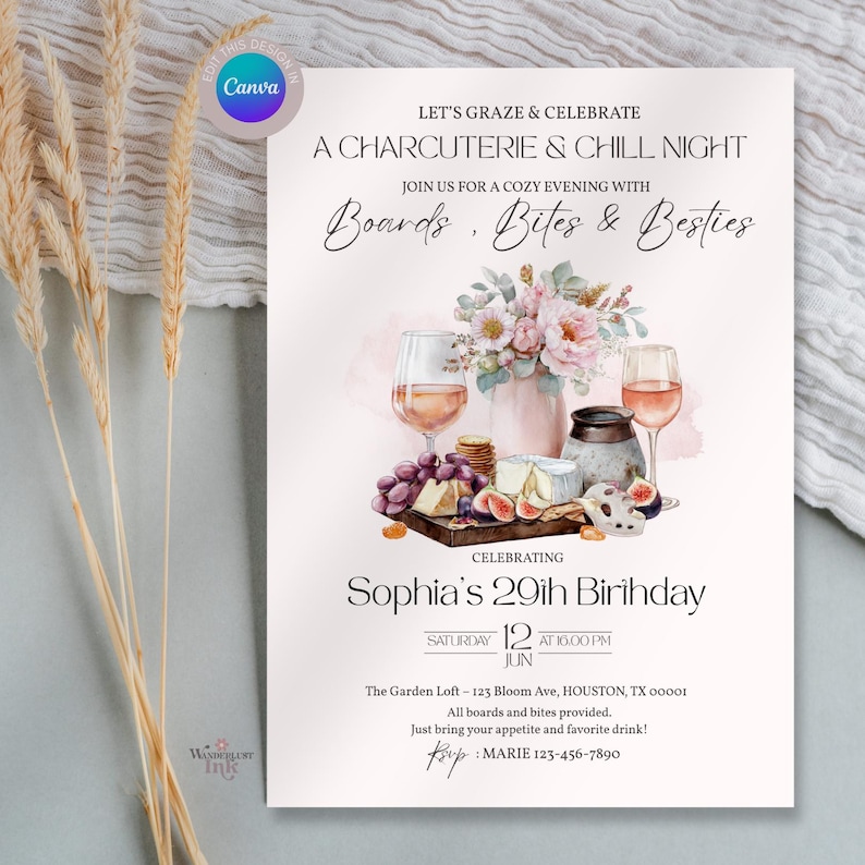 Pu&ograve; includere: Un invito a una festa con un design ad acquerello. L'invito recita "Let's Graze & Celebrate" e "A Charcuterie & Chill Night". Include il testo per una festa di compleanno, con calici di vino, formaggio e frutta. L'invito &egrave; per il 29&deg; compleanno di Sophia.