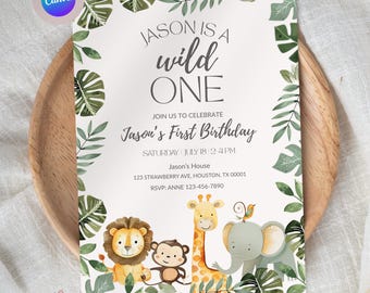 Wild One Birthday Boy Invitation, Wild One Invitation Printable, Safari Wild One Party Invite, Boy Safari Animals Invitation, Jungle Animal