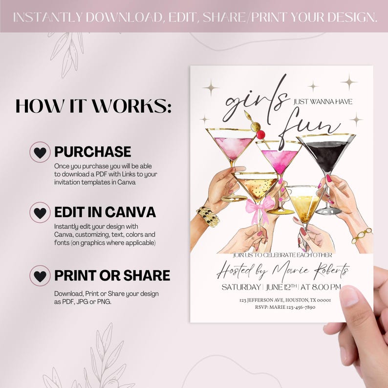 Girls Night Invitation Editable, Martini Theme Canva Template, Glam ...