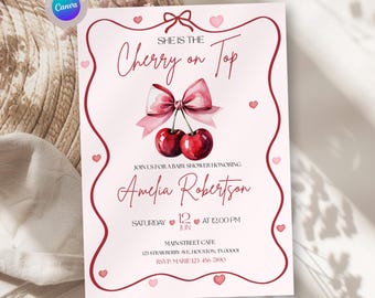 Cherry on top Invitation, Cherry Baby Shower Invite, Editable Baby Shower Invite, Coquette Pink bow berries Minimal Girl Baby Shower 0025W
