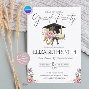 Graduation Party Invitation, Graduation Invitation Digital, Modern Graduation Invitation, Grad Template, Grad Party Invite Floral Graduation