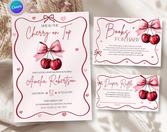Cherry Baby Shower Invitation Mini Bundle Girl, Books for Baby & Diaper Raffle Cards, Coquette Bow Cherry Theme Canva Template Set 0025W