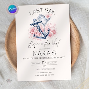 Nautical Bachelorette Invitation Template Canva, Last Sail Before the Veil party invite, Editable Boat Bach Weekend Printable Card Invite
