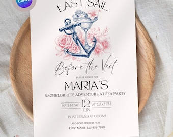 Nautical Bachelorette Invitation Template Canva, Last Sail Before the Veil party invite, Editable Boat Bach Weekend Printable Card 0021W