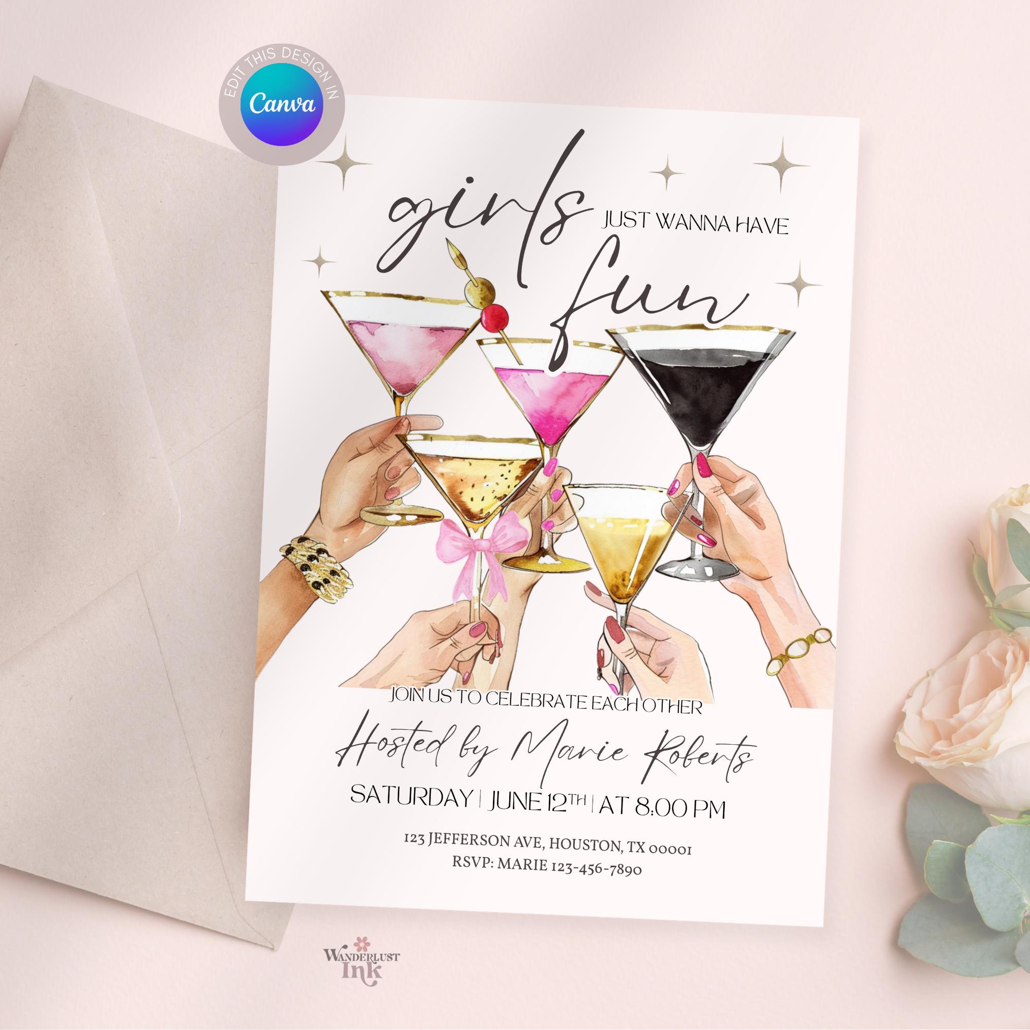 Girls Night Invitation Editable, Martini Theme Canva Template, Glam ...