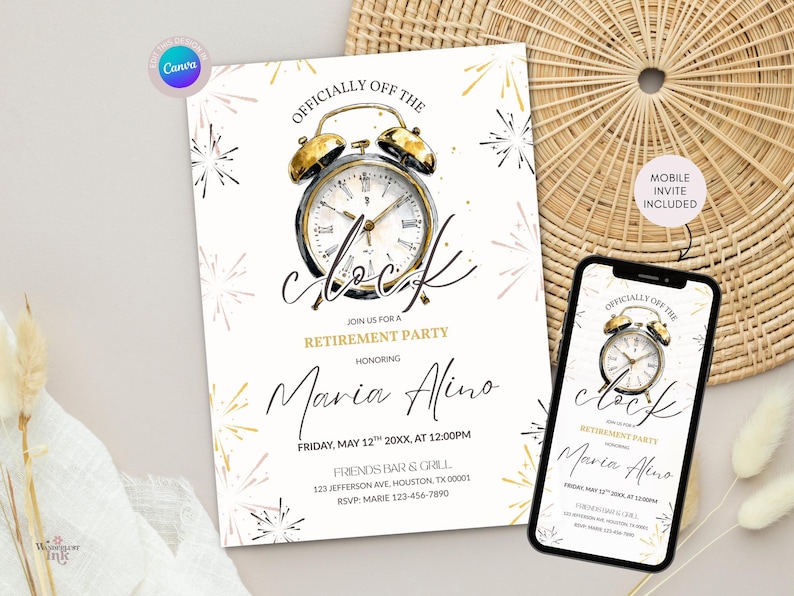 Off the Clock Retirement Party Invitation, Elegant Editable Surprise ...