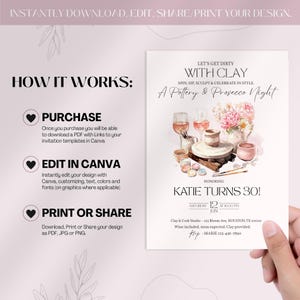 K&ouml;nnte beinhalten: Digitale Einladung f&uuml;r eine T&ouml;pferei- und Prosecco-Nacht mit Aquarellillustrationen von T&ouml;pferwerkzeugen, Weingl&auml;sern und Blumen. Die Einladung enth&auml;lt den Text "Let's Get Dirty With Clay" und Details f&uuml;r Katies 30. Geburtstag.