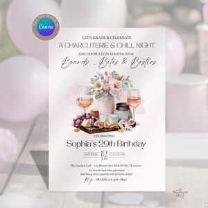 Pu&ograve; includere: Un invito a una festa con il testo "A Charcuterie & Chill Night". L'invito include illustrazioni ad acquerello di calici, formaggio, uva e fiori. Celebra il 29&deg; compleanno di Sophia.