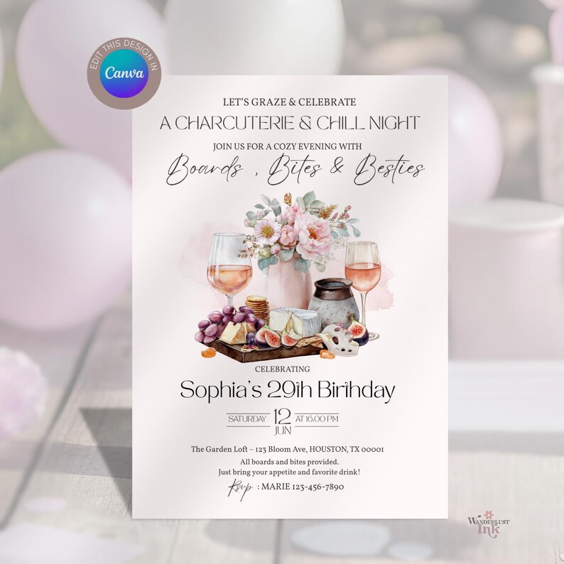 Pu&ograve; includere: Un invito a una festa con il testo "A Charcuterie & Chill Night". L'invito include illustrazioni ad acquerello di calici, formaggio, uva e fiori. Celebra il 29&deg; compleanno di Sophia.