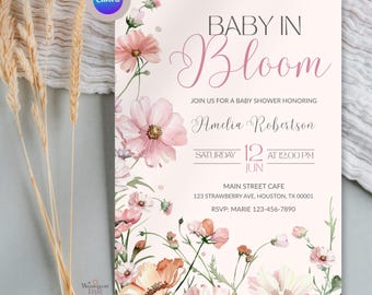 Editable Baby in Bloom Baby Shower Invitation, Wildflower Baby Shower Invite, Pink Spring Flowers Baby Shower Invitation 0015W