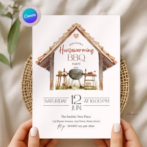 Könnte beinhalten: Einladung zur Einweihungs-BBQ-Party mit Aquarellillustrationen. Die Einladung zeigt einen Grill, Tische mit Essen und Getränken und den Text "Join us for a Housewarming BBQ Party". Das Datum ist Samstag, 12. Juni um 16:00 Uhr.