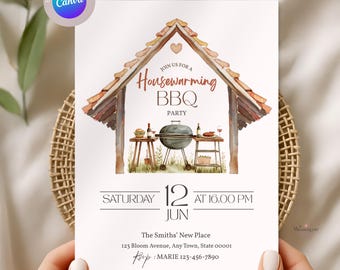 Housewarming BBQ Invitation Template, Editable Canva Backyard Party Invite, New Home Cookout Printable, Rustic Watercolor Grill Design