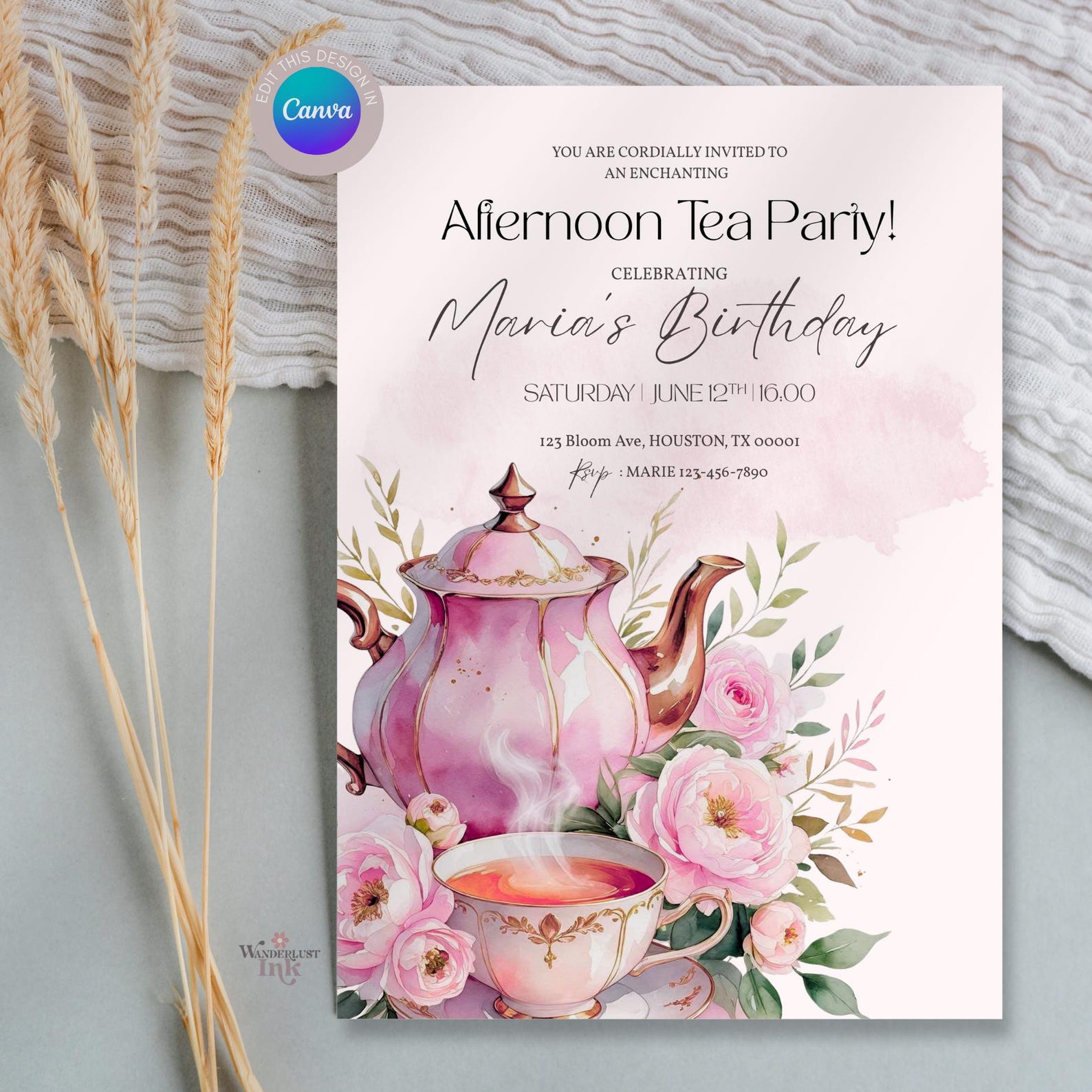 Tea Party Invitation, Afternoon Tea Birthday Invitation, Blush Pink ...