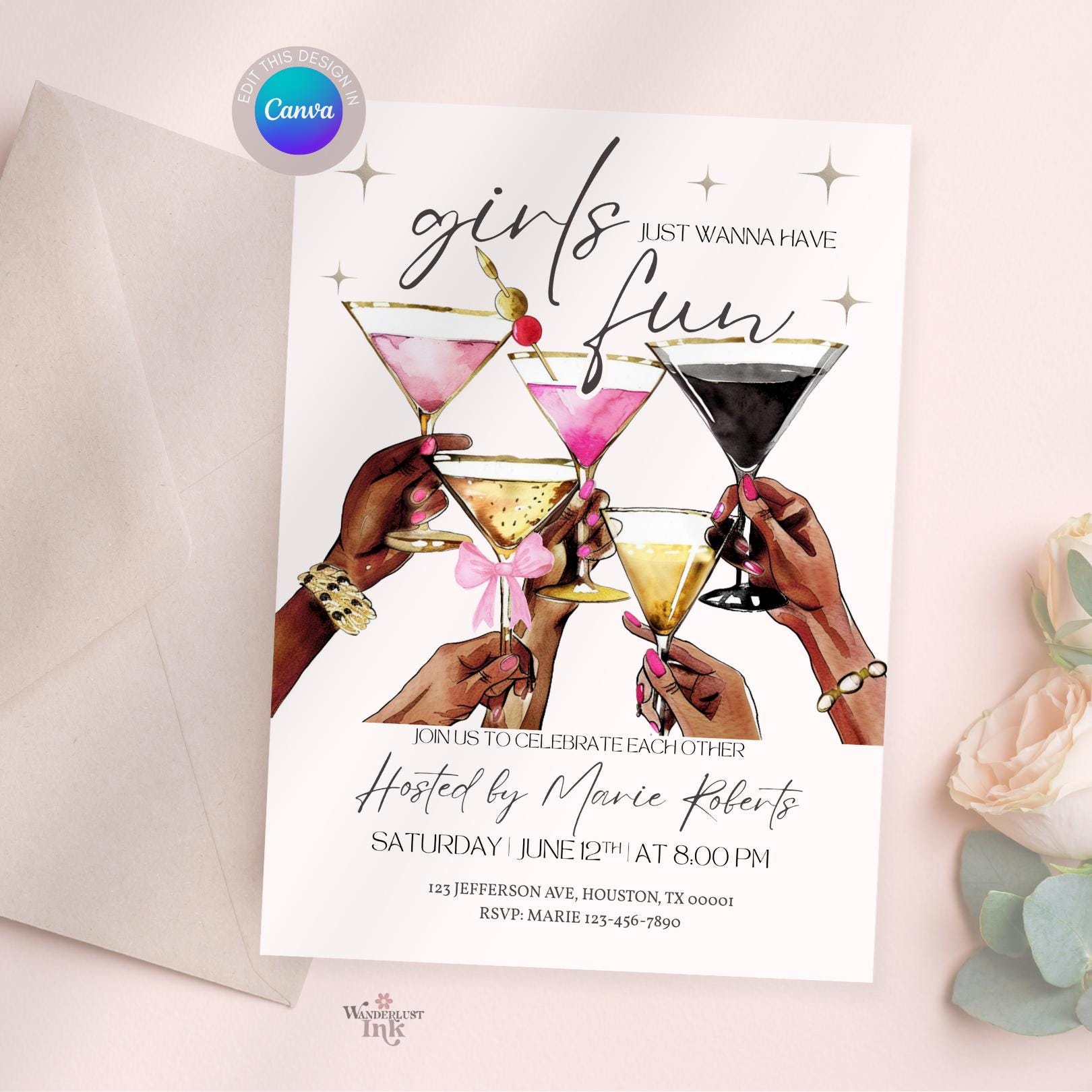 Girls Night Invitation Editable Canva Template, Martini Theme Canva ...