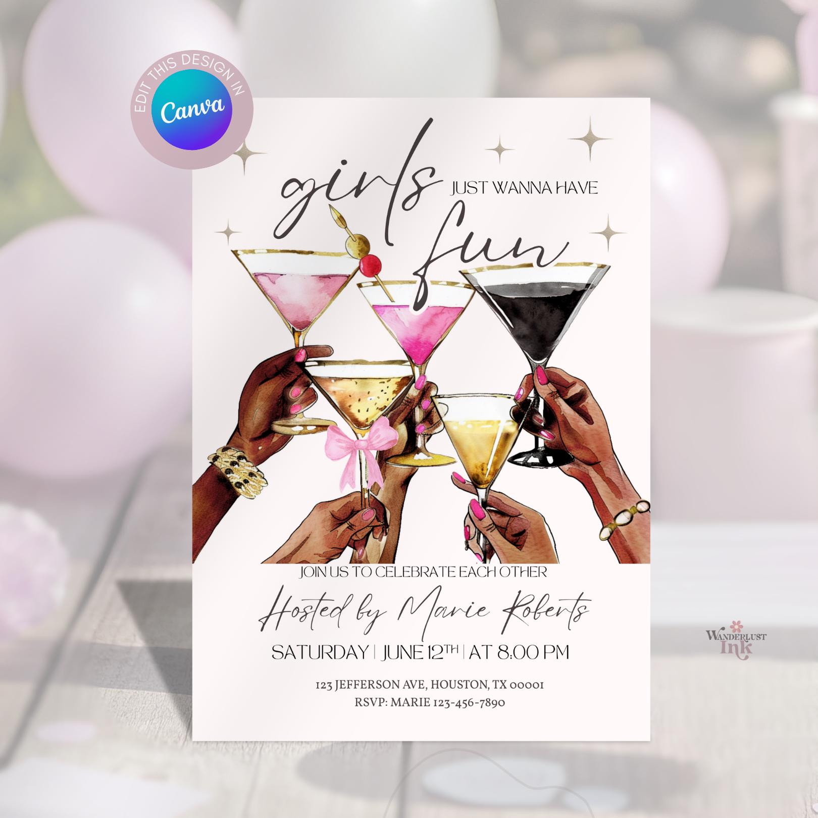 Girls Night Invitation Editable Canva Template, Martini Theme Canva ...