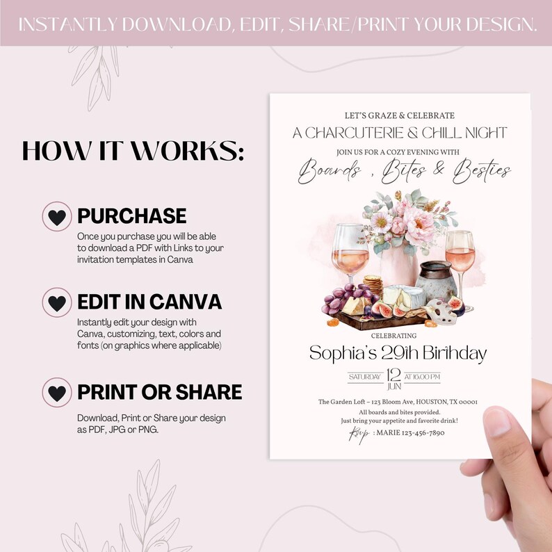 Pu&ograve; includere: Un design di invito digitale per una serata charcuterie e relax, con illustrazioni ad acquerello di calici, formaggio e fiori. L'invito include il testo "Boards, Bites & Besties" e i dettagli per il 29&deg; compleanno di Sophia.