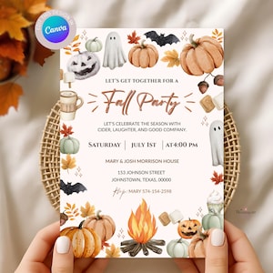 Op de afbeelding: Een herfstfeestuitnodiging met aquarel illustraties van pompoenen, geesten, vleermuizen en bladeren. De tekst luidt "Let's Get Together For A Fall Party" met evenementdetails. De uitnodiging wordt in een gevlochten mand gehouden.