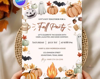 May include: A fall party invitation with watercolor illustrations of pumpkins, ghosts, bats, and autumn leaves. The text reads "Let's Get Together For A Fall Party" with event details. The invitation is held in a woven basket.