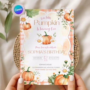 Invitation premier anniversaire citrouille fille, modèle d'invitation de petite citrouille éditable en toile, fête de bébé automne imprimable, carte d'anniversaire automne