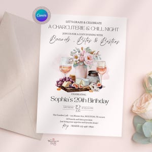 Pu&ograve; includere: Invito per una serata charcuterie e relax, con illustrazioni ad acquerello di calici di vino, formaggio, uva e fiori. Il testo dell'invito recita "Boards, Bites & Besties" e celebra il 29&deg; compleanno di Sophia.