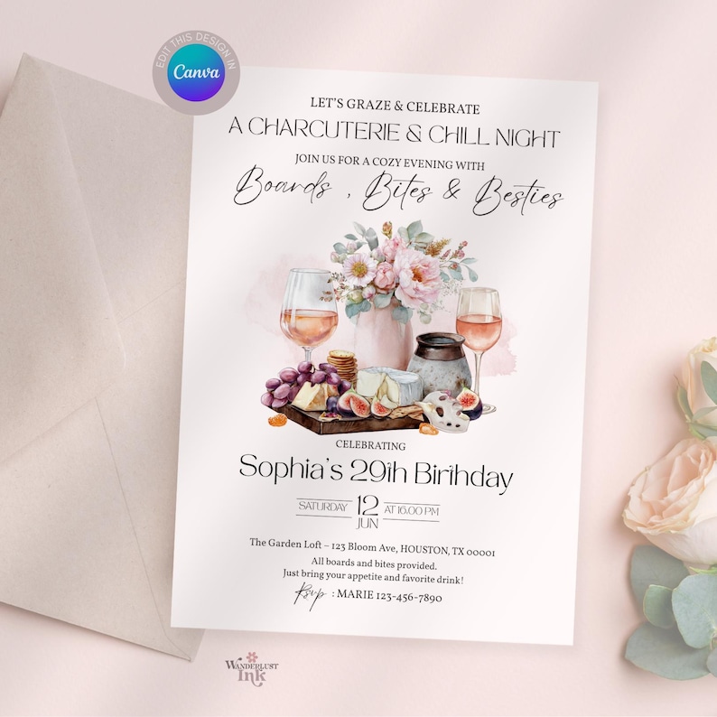 Pu&ograve; includere: Invito per una serata charcuterie e relax, con illustrazioni ad acquerello di calici di vino, formaggio, uva e fiori. Il testo dell'invito recita "Boards, Bites & Besties" e celebra il 29&deg; compleanno di Sophia.