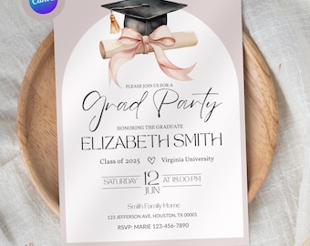 Graduation Invitation Template for Canva, Class of 2025 Grad party invite, Editable Graduation Party Printable, Girl Grad Invite Canva