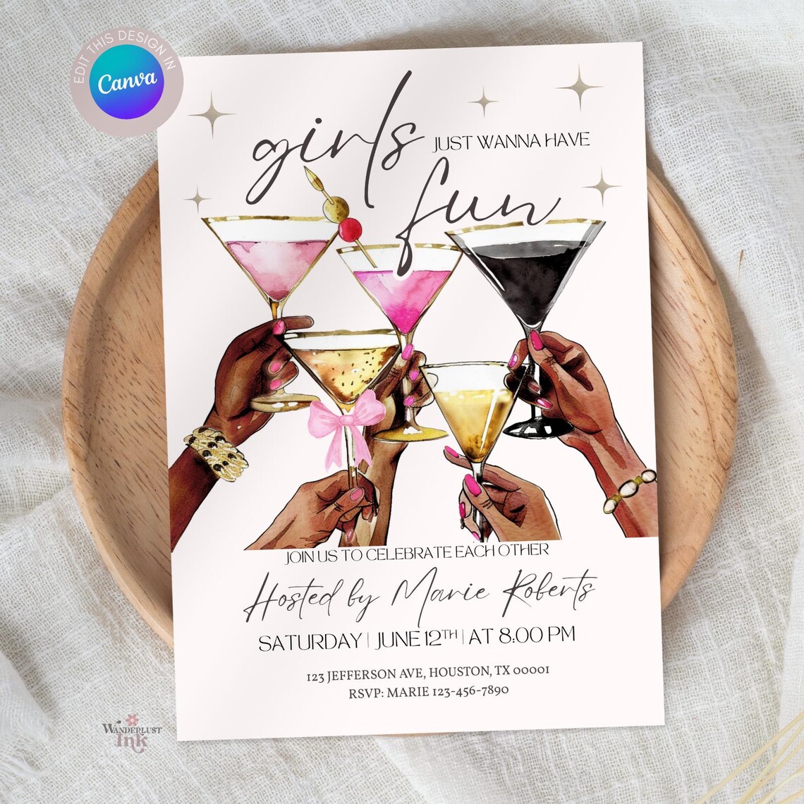 Girls Night Invitation Editable Canva Template, Martini Theme Canva ...
