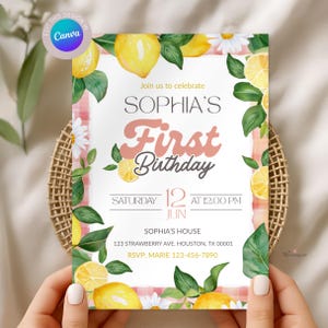 Faire-part d'anniversaire modifiable citron, modèle d'invitation canva modifiable, 1er anniversaire imprimable Agrumes Party Inite, baby shower d'été, tendance