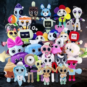 Peut inclure: Une collection de peluches colorées avec divers personnages de dessins animés. Les peluches présentent différentes formes, tailles et expressions, avec des détails tels que des nœuds, des chapeaux et des traits de visage uniques. Les jouets sont disposés de près, créant un affichage vibrant et ludique.