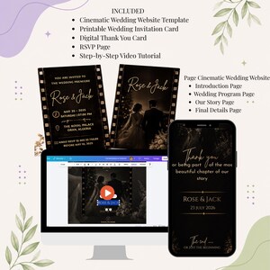 May include: A wedding invitation suite with a cinematic theme. Includes a website template, invitation card, thank you card, RSVP page, and video tutorial. The design features a film strip motif with the names "Rose & Jack" and wedding details.
