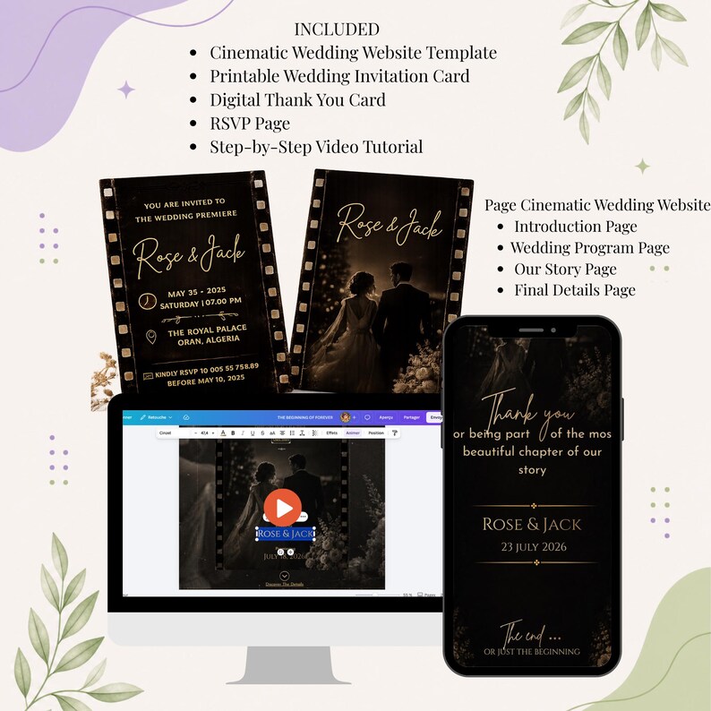 May include: A wedding invitation suite with a cinematic theme. Includes a website template, invitation card, thank you card, RSVP page, and video tutorial. The design features a film strip motif with the names "Rose & Jack" and wedding details.