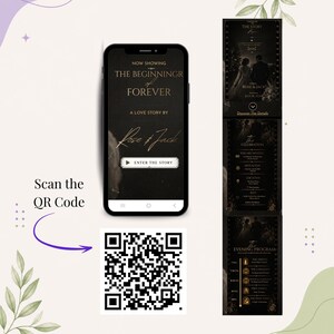 May include: A smartphone screen displays a wedding invitation with the text "The Beginning of Forever" and "A Love Story by Rose & Jack." A QR code is shown below the phone, with the prompt "Scan the QR Code."