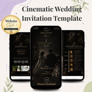 Peut inclure: Modèle de faire-part de mariage numérique affiché sur trois smartphones. Le design présente un thème sombre et élégant avec des accents dorés. Le texte comprend "Cinematic Wedding Invitation Template" et les détails du mariage.