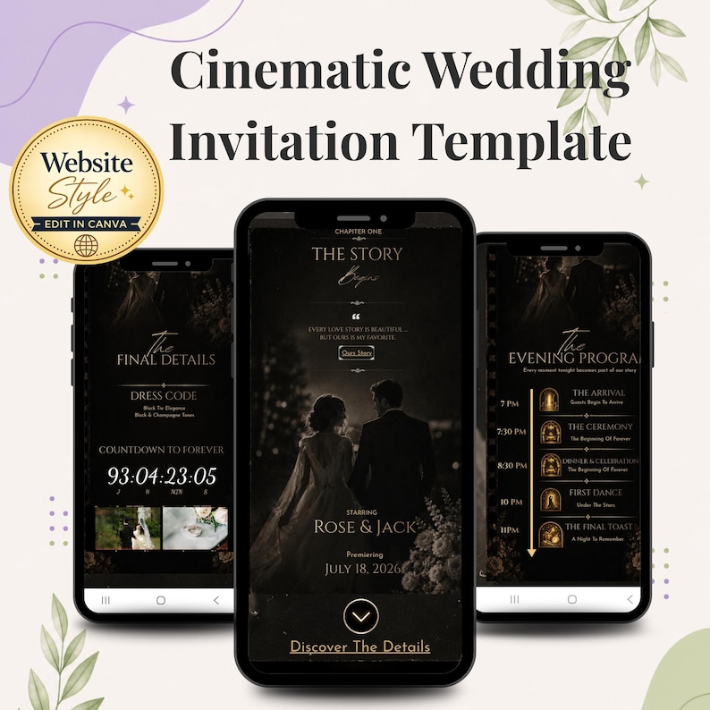 May include: A digital wedding invitation template displayed on three smartphones. The design features a dark, elegant theme with gold accents. Text includes "Cinematic Wedding Invitation Template," wedding details, and a countdown.