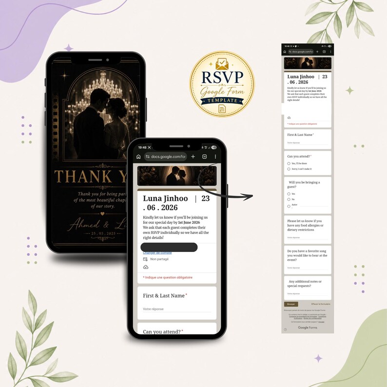 May include: A digital wedding invitation and RSVP form are displayed on smartphones. The invitation features a silhouette of a couple under a chandelier. The RSVP form is a Google Form template.
