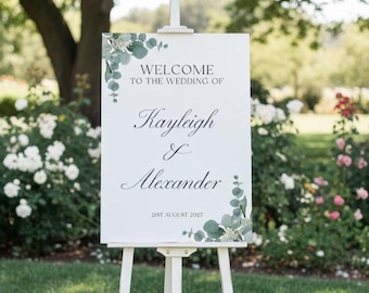 Personalised Eucalyptus Wedding Welcome Sign, Botanical Greenery Board (A1 A2 A3 A4)