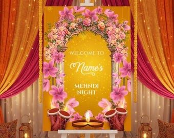 Personalised Mendhi Welcome Board: Yellow Floral Wedding Sign (A1 A2 A3 A4)