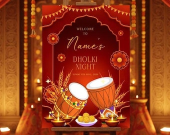 Personalised Dholki Welcome Board: Traditional Asian Wedding Sign (A1 A2 A3 A4)
