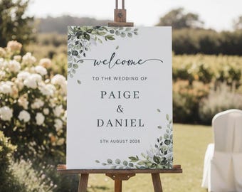 Personalised Eucalyptus Wedding Welcome Sign, Botanical Greenery Board (A1 A2 A3 A4)