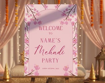 Personalised Mendhi Welcome Board: Pastel Pink Floral Wedding Sign (A1 A2 A3 A4)